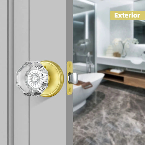 Octagon Crystal Glass Door Knob With Privacy Lock For Interior Doors Satin Brass Finish Inside Thumb Button Lock With Emergency Allen Key Release Ideal For Bathroom And Bedroom Privacy on bathroom door exterior