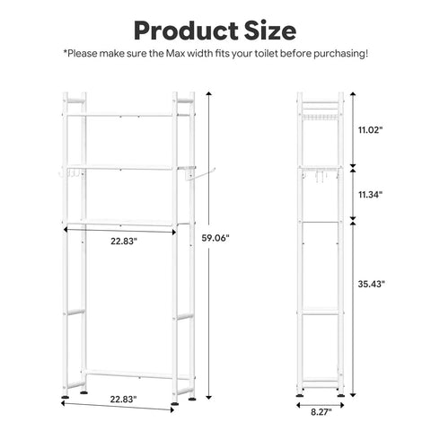 Three Tier Over Toilet Storage Rack With Built In Paper Towel Holder And Heavy Duty Hooks dimensions illustration for bathroom space.