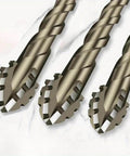 Three carbide-tipped sawtooth eccentric drill bits with hex shanks, 3-piece set.