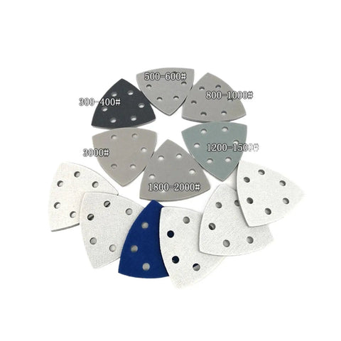 90mm Triangle Sanding Discs With Six Holes For Hook Loop Backing, Premium Wet Dry Sponge Sandpaper in various grit sizes.