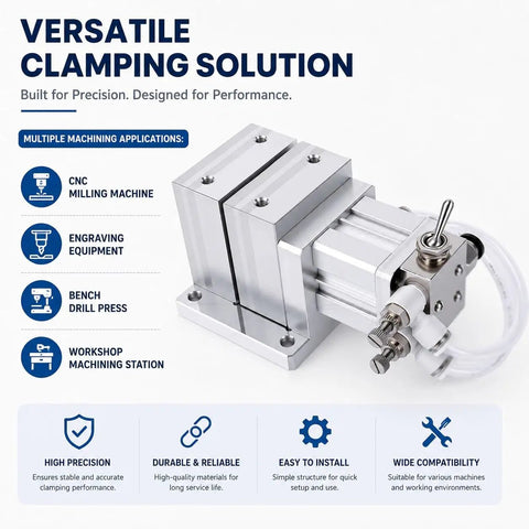 Pneumatic Clamp Workholding Fixture For CNC Machining With Automatic Loadin And Unloadin, 40kg Holding Force At 0.5 MPa, Compact Vise For Fast, Secure Workpiece Clamping In Any Shop, aluminum body