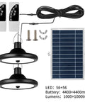 Dual Head Solar Shed Light With Motion Sensor, 2 pendant lights, solar panel, and remotes shown
