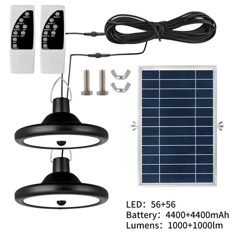 Dual Head Solar Shed Light With Motion Sensor, 2 pendant lights, solar panel, and remotes shown
