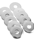 Pro Grade Ten Piece Fire Sprinkler Escutcheon Covers Dual Disc Stainless Steel Wall Mount Shields arranged in a pack.