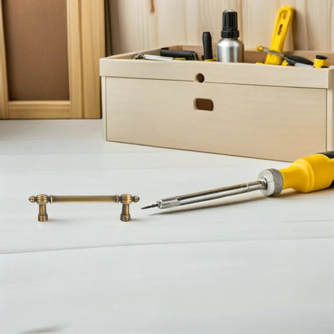 Vintage Zinc Alloy Cabinet Pulls And Drawer Handles Two Pack Solid Metal Retro Heavy Duty Door Hardware For Kitchen Wardrobe And Shoe Cabinets With 96mm Hole Spacing Durable Easy Grip next to tools on a workbench.