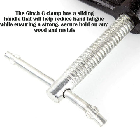 Close-up of Heavy Duty Beefy 4 Pack 6 Inch C Clamp Set With Malleable Iron Build, 1350 Lbs Clamping Power, showing screw and handle.
