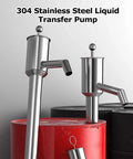 Heavy Duty Manual Water Pump Stainless Steel Sump Pump Moves Fluids Smooth from a red barrel with two metal pumps.