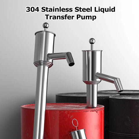 Heavy Duty Manual Water Pump Stainless Steel Sump Pump Moves Fluids Smooth from a red barrel with two metal pumps.