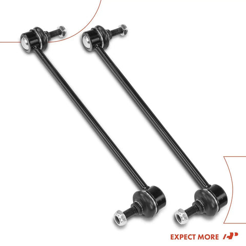 Two Front Sway Bar End Links Stabilizer Links For Mini Cooper 2002 Through 2015 1.6L L4 Models Replacement Pair, shown in black steel.