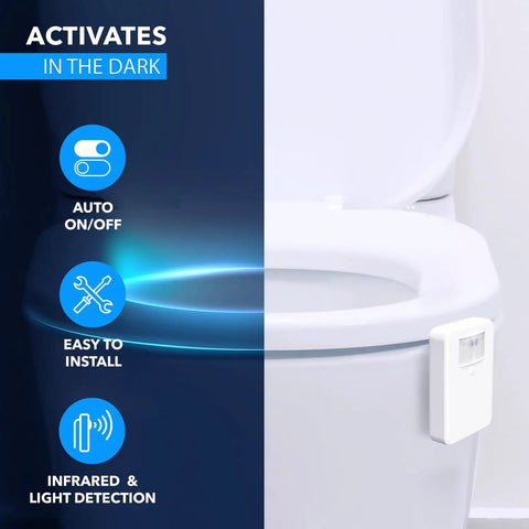 Motion Sensor Toilet Night Light With 16 Color LED For Easy Late Night Trips And Bathroom Mood Lighting Auto On When You Enter Off When You Leave Battery Powered No Wiring Required Fun For The Whole Family attached to toilet