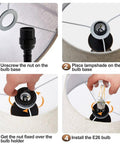 Installation steps for Upgraded 22 Inch Touch Table Lamps Set Of 2 With USB C And USB A Ports, showing assembly of lampshade and bulb.
