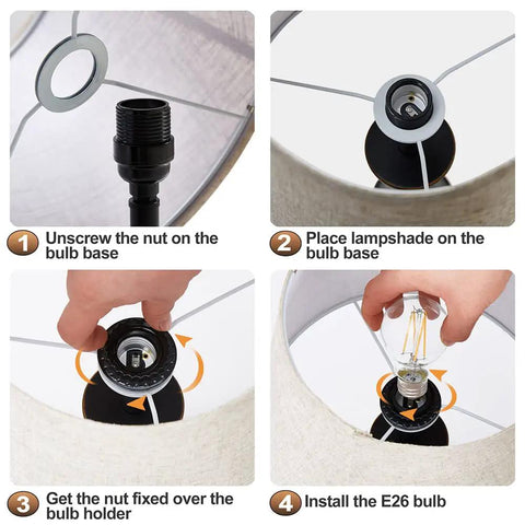 Installation steps for Upgraded 22 Inch Touch Table Lamps Set Of 2 With USB C And USB A Ports, showing assembly of lampshade and bulb.
