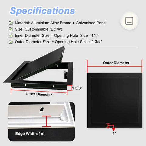 Specifications of Custom Sized Black Drywall Access Panel With Slick Touch Latch And Heavy Duty Aluminum Frame for installation details.