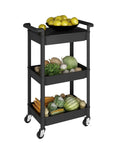 Three Tier Rolling Cart With Lockable Casters And Covered Top Board Great For Kitchen Office Bathroom Garden Or Laundry Room Mobile Storage Trolley That Keeps Your Stuff Easy To Access On The Go with fruits on top and vegetables on middle and bottom shelves