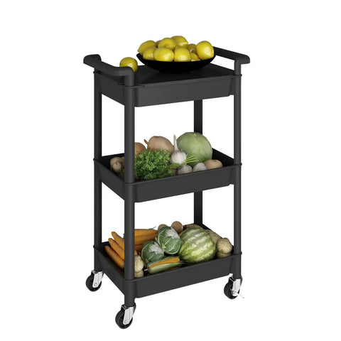 Three Tier Rolling Cart With Lockable Casters And Covered Top Board Great For Kitchen Office Bathroom Garden Or Laundry Room Mobile Storage Trolley That Keeps Your Stuff Easy To Access On The Go with fruits on top and vegetables on middle and bottom shelves