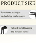 Close-up of black metal zipper stops with text: Reinforced strength and reliable performance, refined metal layering, metallic luster.