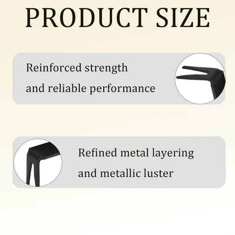 Close-up of black metal zipper stops with text: Reinforced strength and reliable performance, refined metal layering, metallic luster.