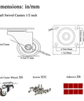 Diagram and components of 0.5 Inch Mini Swivel Caster Wheels With Self Adhesive Plate Low Profile Rubber Casters, screws, and adhesive.