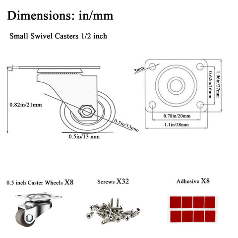 Diagram and components of 0.5 Inch Mini Swivel Caster Wheels With Self Adhesive Plate Low Profile Rubber Casters, screws, and adhesive.