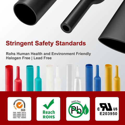 Handy 160 Piece Heat Shrink Tubing Kit with Seven Sizes, colorful tubes, RoHS compliant, lead and halogen free, safety symbols.