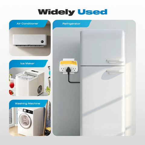 Fridge Surge Protector With Three Outlets For Fridge, TV, And ACs, 120V 12A, 1440W, installed beside refrigerator