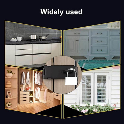 Collage showing Stainless Steel 4 Inch Door Hasp Latch Lock With Fixing Screws Black used on cabinets, drawers, wardrobes, and windows.