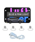 Dual Color Blue And Pink LED Car Light Sign With USB Type C Touch Dimmer Suction Cup Mount, bright board and accessories shown