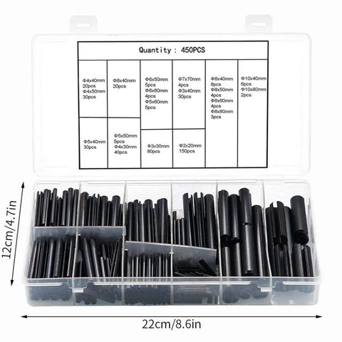 Assorted Slotted Spring Dowel Pins Kit, 450 Piece Set, Durable Spring Steel With Black Oxide Finish in plastic case