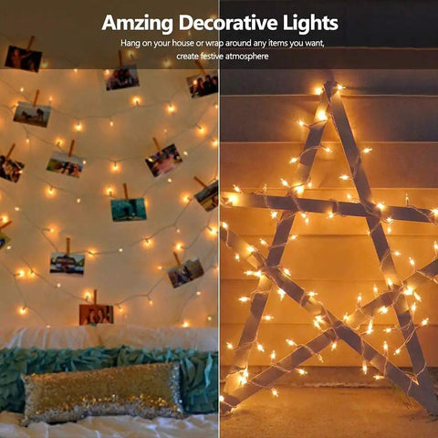 Incandescent Christmas Lights Set, 21.63 Ft Long, 100 Clear Mini Bulbs, used for cozy indoor decor with warm white glow