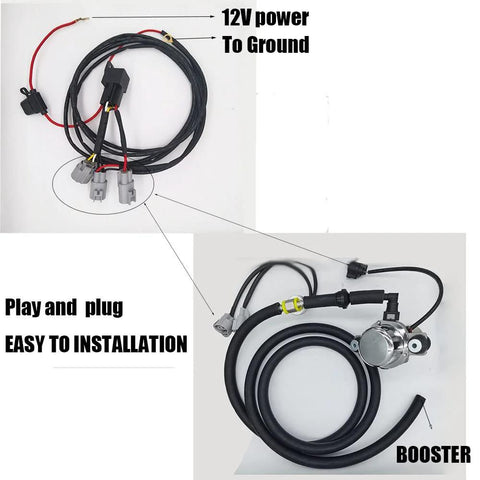 TMaster 12V brake booster vacuum pump kit with wiring harness and hoses; silver pump with black tubing