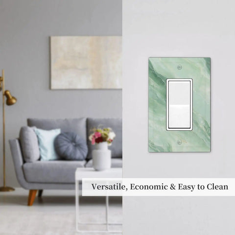 Clean Line Green Marble Abstract Outlet Cover 1 Gang Switch Plate Bathroom Bedroom Quick Flip Decor No Hassle Setup Sharp Style Easy Mount Included Hardware Sweet Upgrade 2 Pack on a wall in a modern living room.
