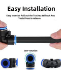 Hands connecting tubing in Industrial Air Line Kit With Fourteen Piece Push To Connect System One Hundred Foot Nylon Tubing.