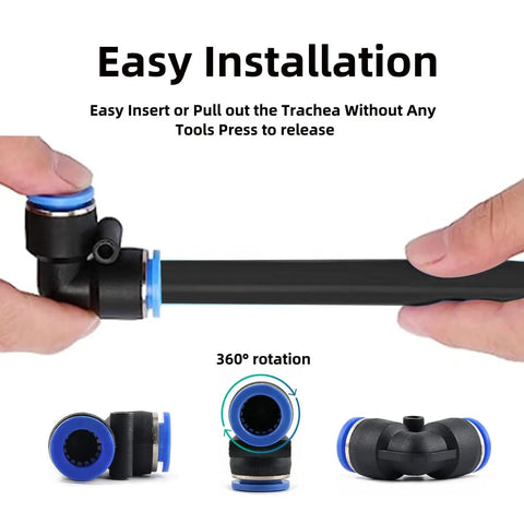 Hands connecting tubing in Industrial Air Line Kit With Fourteen Piece Push To Connect System One Hundred Foot Nylon Tubing.