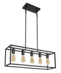 Industrial Black Farmhouse Chandelier Over Table 5 Light Rectangle Hanging Light with matte black open frame