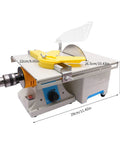 Beast 750W Mini Table Saw Bench Grinder with jade blade, adjustable speed, for lapidary and jewelry rock cutting, dimensions shown