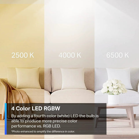 Smart LED Bulbs With 16 Million Colors RGBW Dimmable That Work With Alexa And Google Home No Hub Needed A19 60W Equivalent 800 Lumens CRI Over 90 2.4GHz WiFi Four Pack L530E displaying color temperature range from 2500K to 6500K in a room setting.