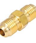 Close-up of 1/4 Inch Male Flare To 1/4 Inch Male Flare Brass Gas Adapter Union Coupler Pipe Fitting Set Workhorse with 45 Degree Flare Ends.