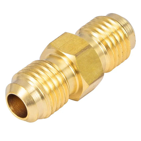 Close-up of 1/4 Inch Male Flare To 1/4 Inch Male Flare Brass Gas Adapter Union Coupler Pipe Fitting Set Workhorse with 45 Degree Flare Ends.