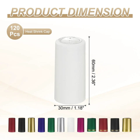 White PVC Heat Shrink Caps 120 Pack Wine Bottle Neck Covers shown with dimensions 30mm x 60mm for secure sealing.