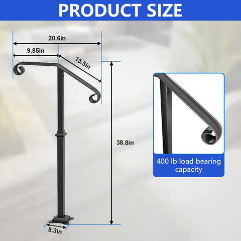 Outdoor Steps Handrail Single Post For 1 To 2 Steps 38 Inch High Wrought Iron Rustproof Black Stair Railing dimensions