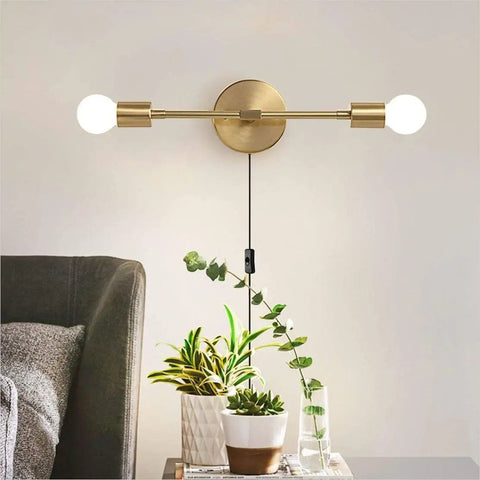 Gold Plug In Wall Sconce Two Light Bathroom Vanity Light Brass Wall Reading Light Retro Vibe Mid Century Modern Style