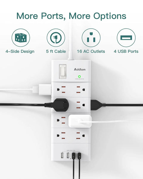 16 Outlet Power Strip With 4 USB Ports And 5 Ft Flat Plug 4 Side Surge Protector Overload Safe Outlet Strip Wall Mount