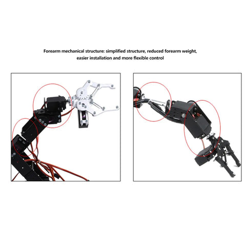 Build Your Own 6 Degree Freedom Mechanical Robot Arm Kit With Servo Motors Claw Gripper showing forearm structure and servo placement.