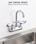 Phivan 4" Wall Mount Brass Kitchen Sink Faucet, 3-1/2" Gooseneck Spout with 360° swivel for easy access.