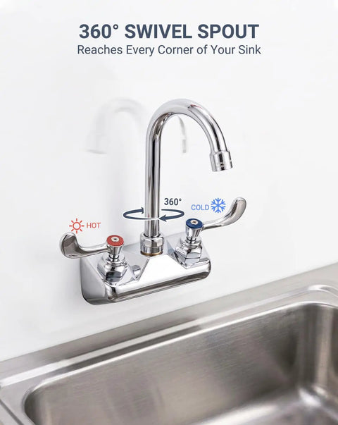 Phivan 4" Wall Mount Brass Kitchen Sink Faucet, 3-1/2" Gooseneck Spout with 360° swivel for easy access.