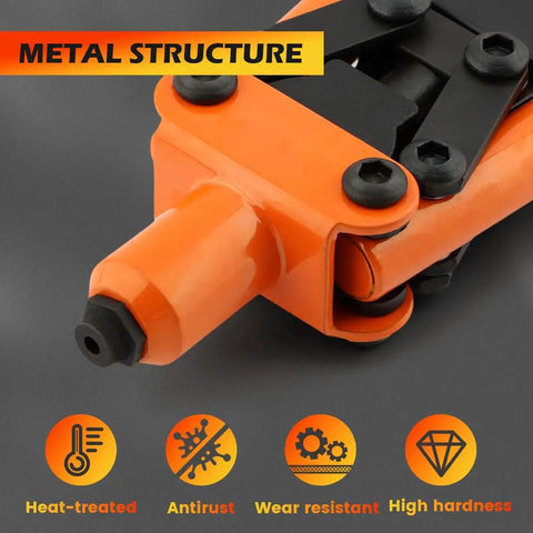 Heavy Duty One Hand Rivet Gun Kit With Fifty Rivets For Slick Auto Repairs And Furniture Builds Easy Grip Alloy Manual Riveter close-up of metal structure with heat-treated and wear-resistant features.