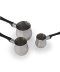 Stainless steel Turkish Coffee Pot Warmer Set with three sizes of pots, featuring black heat-resistant handles and precise pouring spouts.