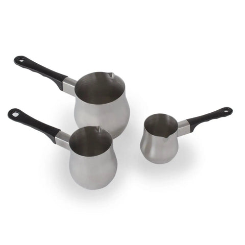 Stainless steel Turkish Coffee Pot Warmer Set with three sizes of pots, featuring black heat-resistant handles and precise pouring spouts.