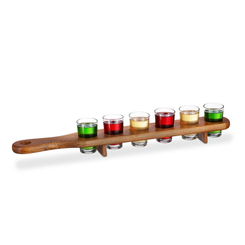 Kick Back Wooden Shooting Board Set With Eighteen Shot Glasses, holding eight shot glasses on a wooden tray.