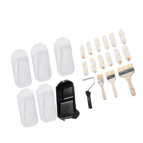 Pro Level Microfiber Paint Roller Set With Beefy Frame And Spill Tray Including Five Mega Grip Rollers And Three Soft Touch Brushes including rollers and brushes.